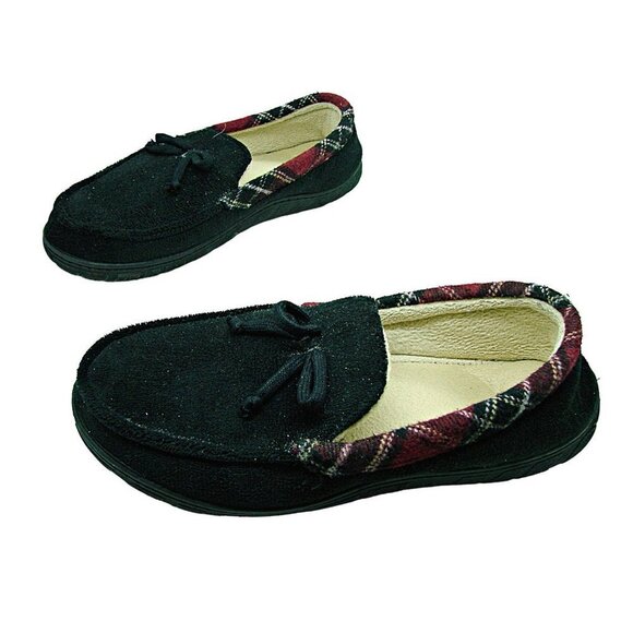 Mens Slippers Black With Plaid Trim Fleece Lined Hard Bottom Sz Large Unbranded - Picture 3 of 12